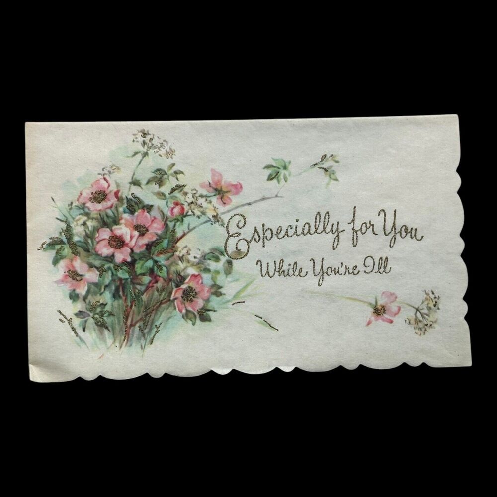 Get Well Floral Greeting Card NO ENVELOPE Parchment Paper Glitter Coronation VTG